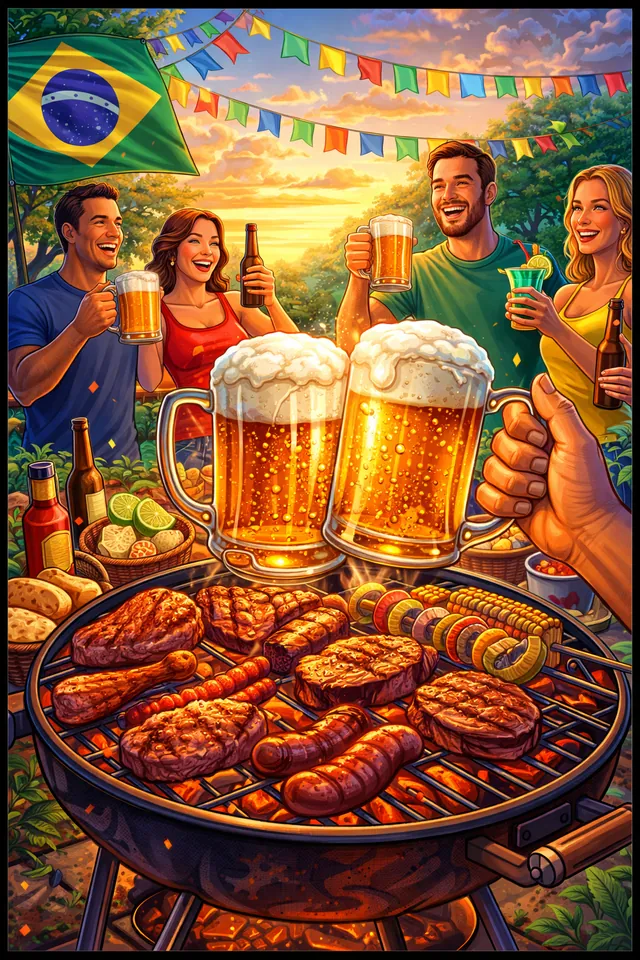 Arte de convite com clima de churrasco e confraternização