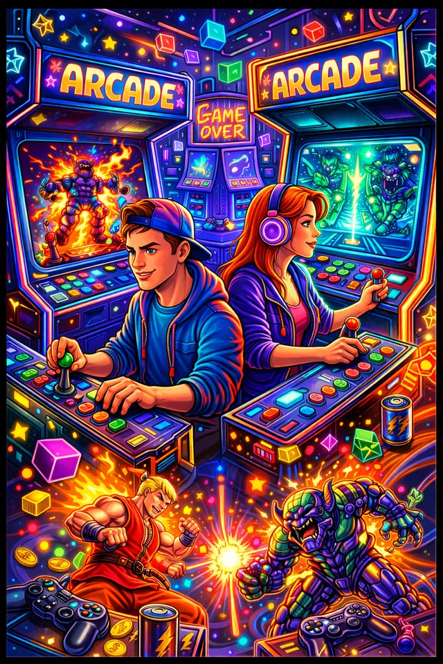 Arte de convite gamer com estética arcade